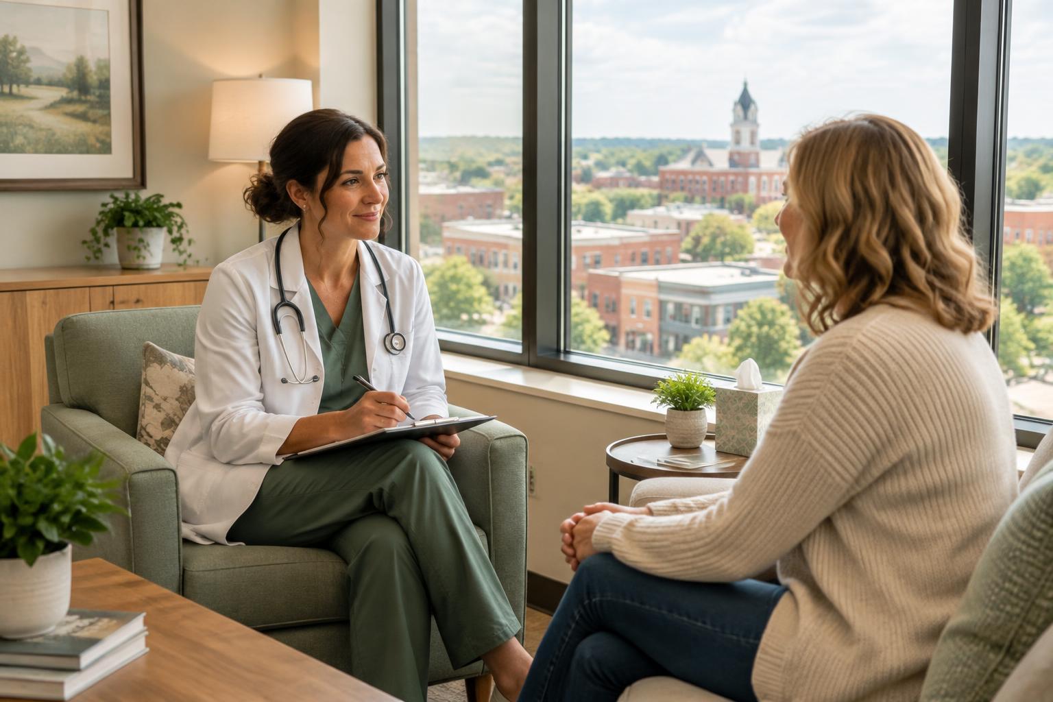 A clinician and patient talking in a calm Ohio clinic office