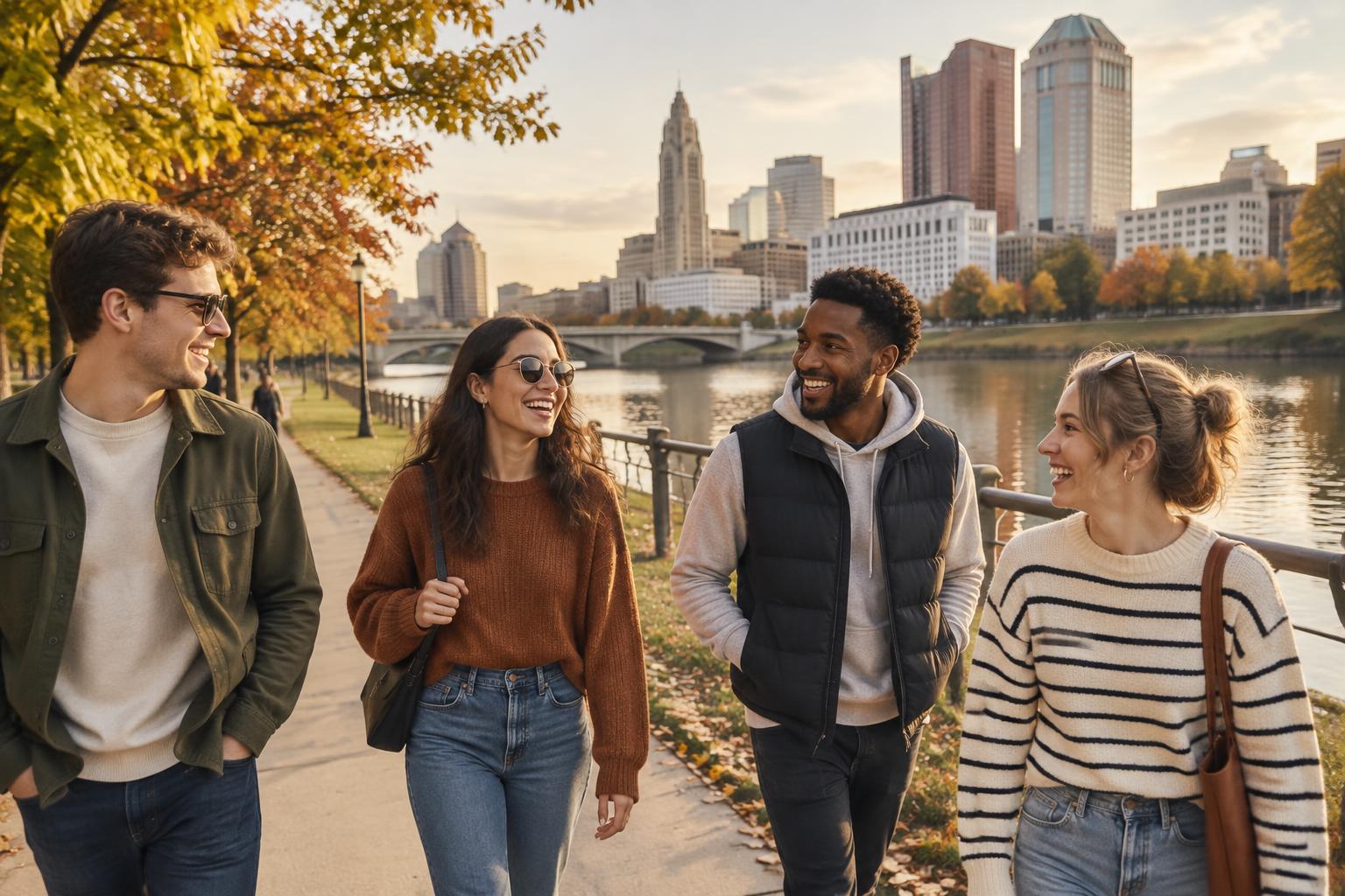 Friends walking along a riverfront path in Columbus in autumn